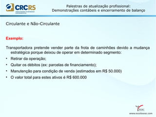 www.escolaseac.com
Palestras de atualização profissional:
Demonstrações contábeis e encerramento de balanço
Circulante e Não-Circulante
Exemplo:
Transportadora pretende vender parte da frota de caminhões devido a mudança
estratégica porque deixou de operar em determinado segmento:
• Retirar da operação;
• Quitar os débitos (ex: parcelas de financiamento);
• Manutenção para condição de venda (estimados em R$ 50.000)
• O valor total para estes ativos é R$ 600.000
 