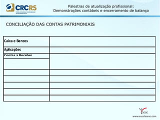 www.escolaseac.com
Palestras de atualização profissional:
Demonstrações contábeis e encerramento de balanço
CONCILIAÇÃO DAS CONTAS PATRIMONIAIS
 