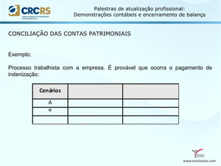 www.escolaseac.com
Palestras de atualização profissional:
Demonstrações contábeis e encerramento de balanço
CONCILIAÇÃO DAS CONTAS PATRIMONIAIS
Exemplo:
Processo trabalhista com a empresa. É provável que ocorra o pagamento de
indenização:
 