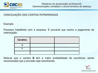 www.escolaseac.com
Palestras de atualização profissional:
Demonstrações contábeis e encerramento de balanço
CONCILIAÇÃO DAS CONTAS PATRIMONIAIS
Exemplo:
Processo trabalhista com a empresa. É provável que ocorra o pagamento de
indenização:
Nota-se que o cenário B tem a maior probabilidade de ocorrência, sendo
recomendado que a provisão seja reconhecida.
 