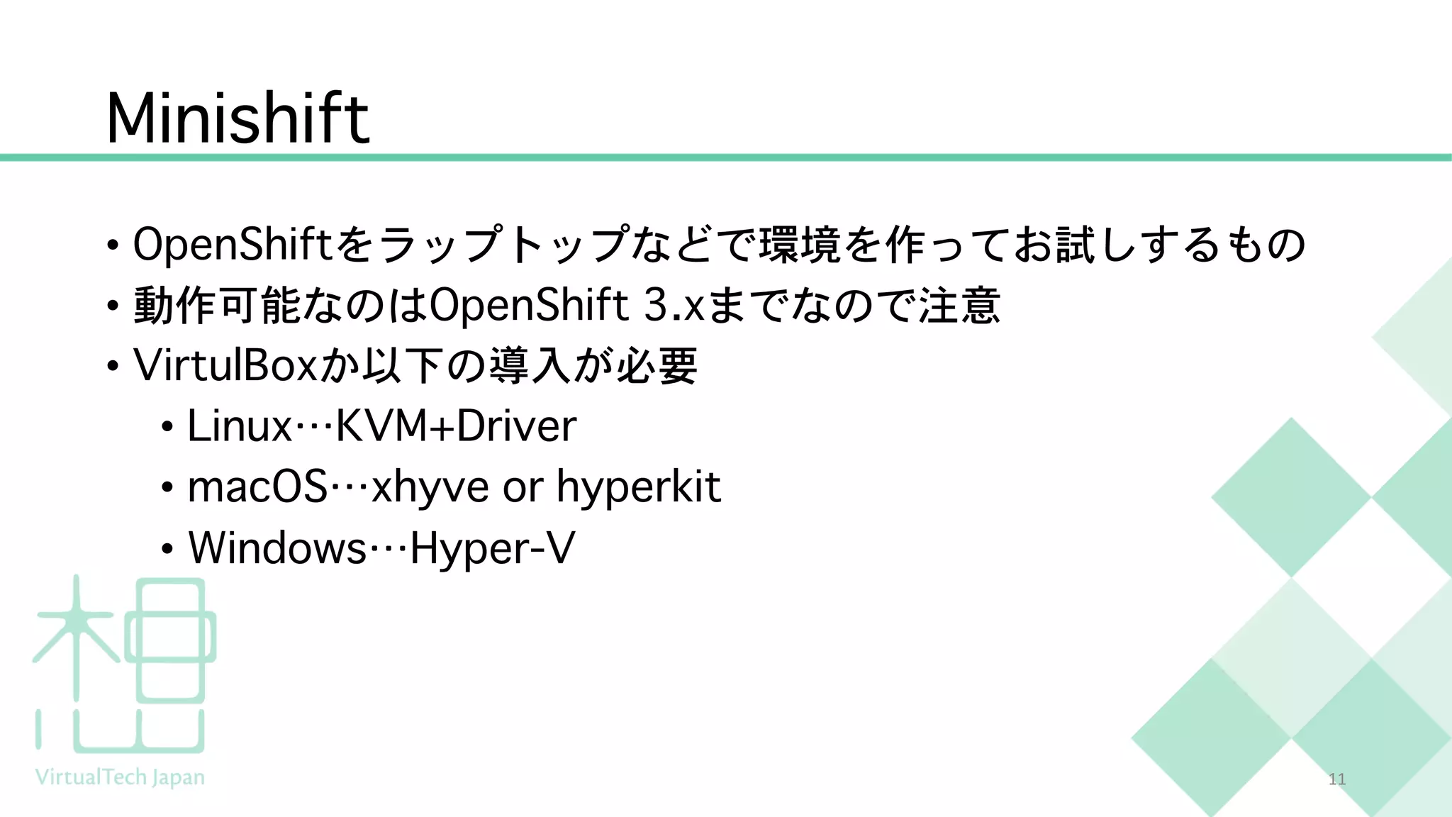 Minishift
• OpenShiftをラップトップなどで環境を作ってお試しするもの
• 動作可能なのはOpenShift 3.xまでなので注意
• VirtulBoxか以下の導入が必要
• Linux…KVM+Driver
• macOS…xhyve or hyperkit
• Windows…Hyper-V
11
 