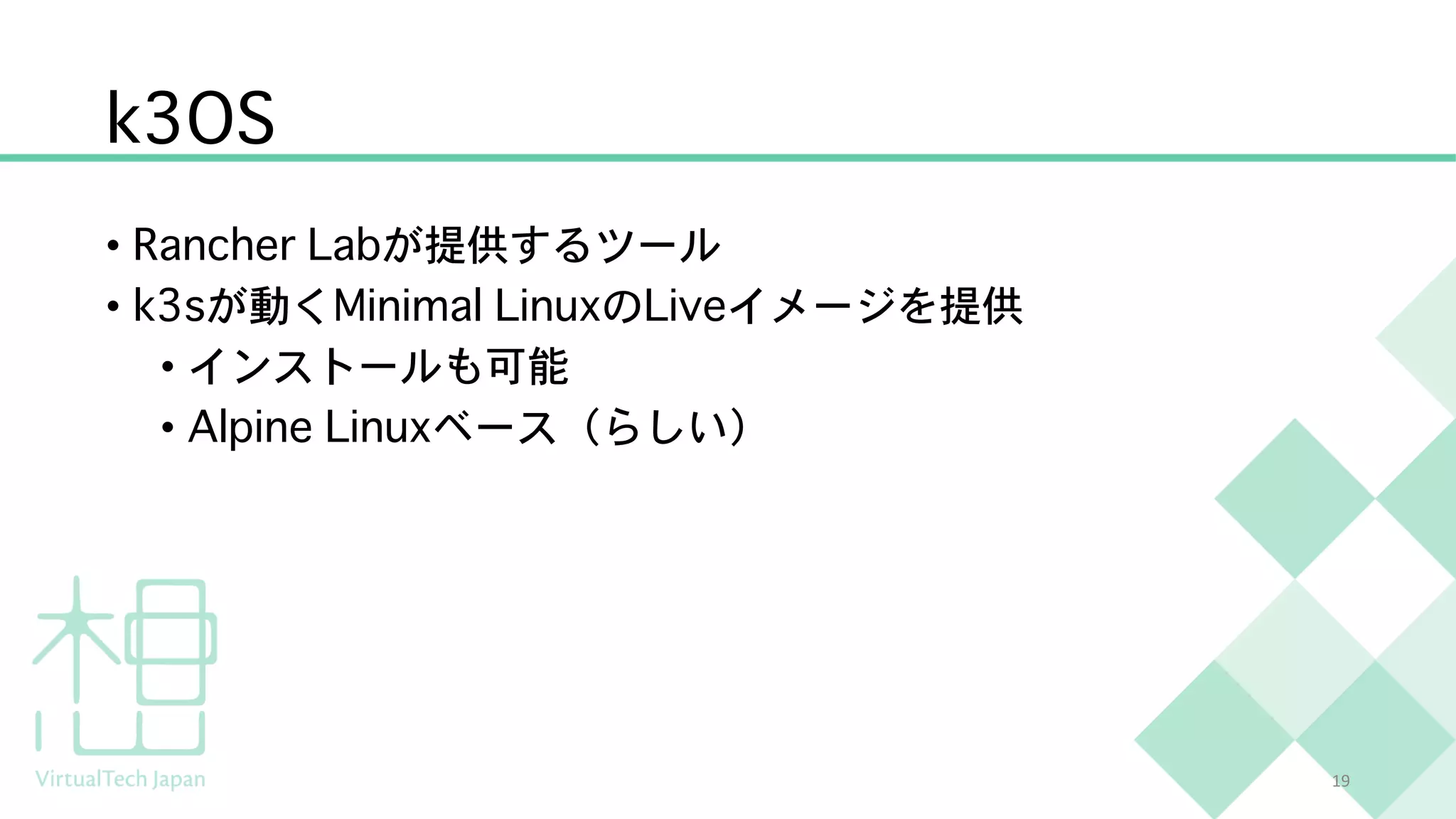 k3OS
• Rancher Labが提供するツール
• k3sが動くMinimal LinuxのLiveイメージを提供
• インストールも可能
• Alpine Linuxベース（らしい）
19
 