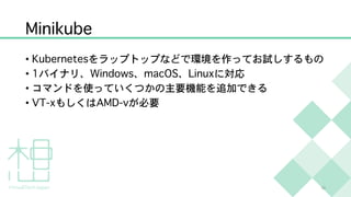 Minikube
• Kubernetesをラップトップなどで環境を作ってお試しするもの
• 1バイナリ、Windows、macOS、Linuxに対応
• コマンドを使っていくつかの主要機能を追加できる
• VT-xもしくはAMD-vが必要
10
 
