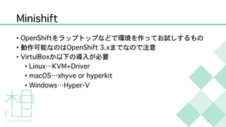 Minishift
• OpenShiftをラップトップなどで環境を作ってお試しするもの
• 動作可能なのはOpenShift 3.xまでなので注意
• VirtulBoxか以下の導入が必要
• Linux…KVM+Driver
• macOS…xhyve or hyperkit
• Windows…Hyper-V
11
 