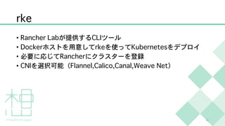 rke
• Rancher Labが提供するCLIツール
• Dockerホストを用意してrkeを使ってKubernetesをデプロイ
• 必要に応じてRancherにクラスターを登録
• CNIを選択可能（Flannel,Calico,Canal,Weave Net）
21
 