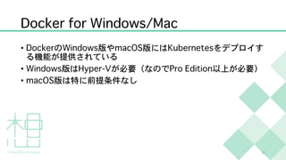 Docker for Windows/Mac
• DockerのWindows版やmacOS版にはKubernetesをデプロイす
る機能が提供されている
• Windows版はHyper-Vが必要（なのでPro Edition以上が必要）
• macOS版は特に前提条件なし
22
 