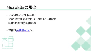 Microk8sの場合
• snapdをインストール
• snap install microk8s --classic --stable
• sudo microk8s.status
• 詳細は公式サイトへ
27
 