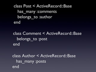 class Post < ActiveRecord::Base  has_many :comments belongs_to :author  end class Comment < ActiveRecord::Base  belongs_to :post  end class Author < ActiveRecord::Base  has_many :posts  end 