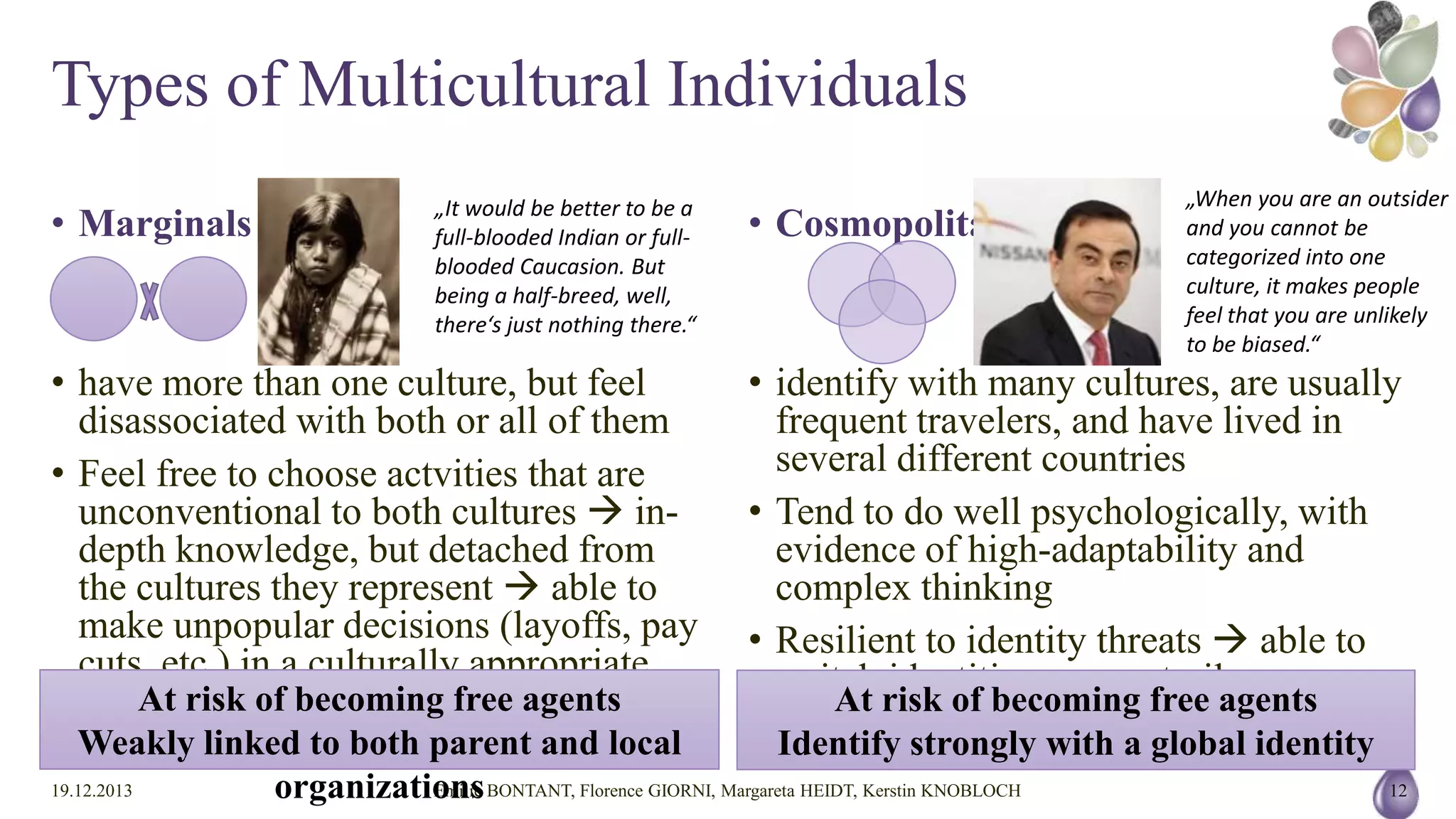 Types of Multicultural Individuals
• Marginals

„It would be better to be a
full-blooded Indian or fullblooded Caucasion. But
being a half-breed, well,
there‘s just nothing there.“

• Cosmopolitans

„When you are an outsider
and you cannot be
categorized into one
culture, it makes people
feel that you are unlikely
to be biased.“

• have more than one culture, but feel disassociated with
both or all of them
• Feel free to choose actvities that are unconventional to
both cultures  in-depth knowledge, but detached
from the cultures they represent  able to make
unpopular decisions (layoffs, pay cuts, etc.) in a
culturally appropriate manner.

• identify with many cultures, are usually frequent
travelers, and have lived in several different countries
• Tend to do well psychologically, with evidence of highadaptability and complex thinking
• Resilient to identity threats  able to switch identities
momentarily

At risk of becoming free agents
Weakly linked to both parent and local organizations

At risk of becoming free agents
Identify strongly with a global identity

19.12.2013

Emilie BONTANT, Florence GIORNI, Margareta HEIDT, Kerstin KNOBLOCH

12

 