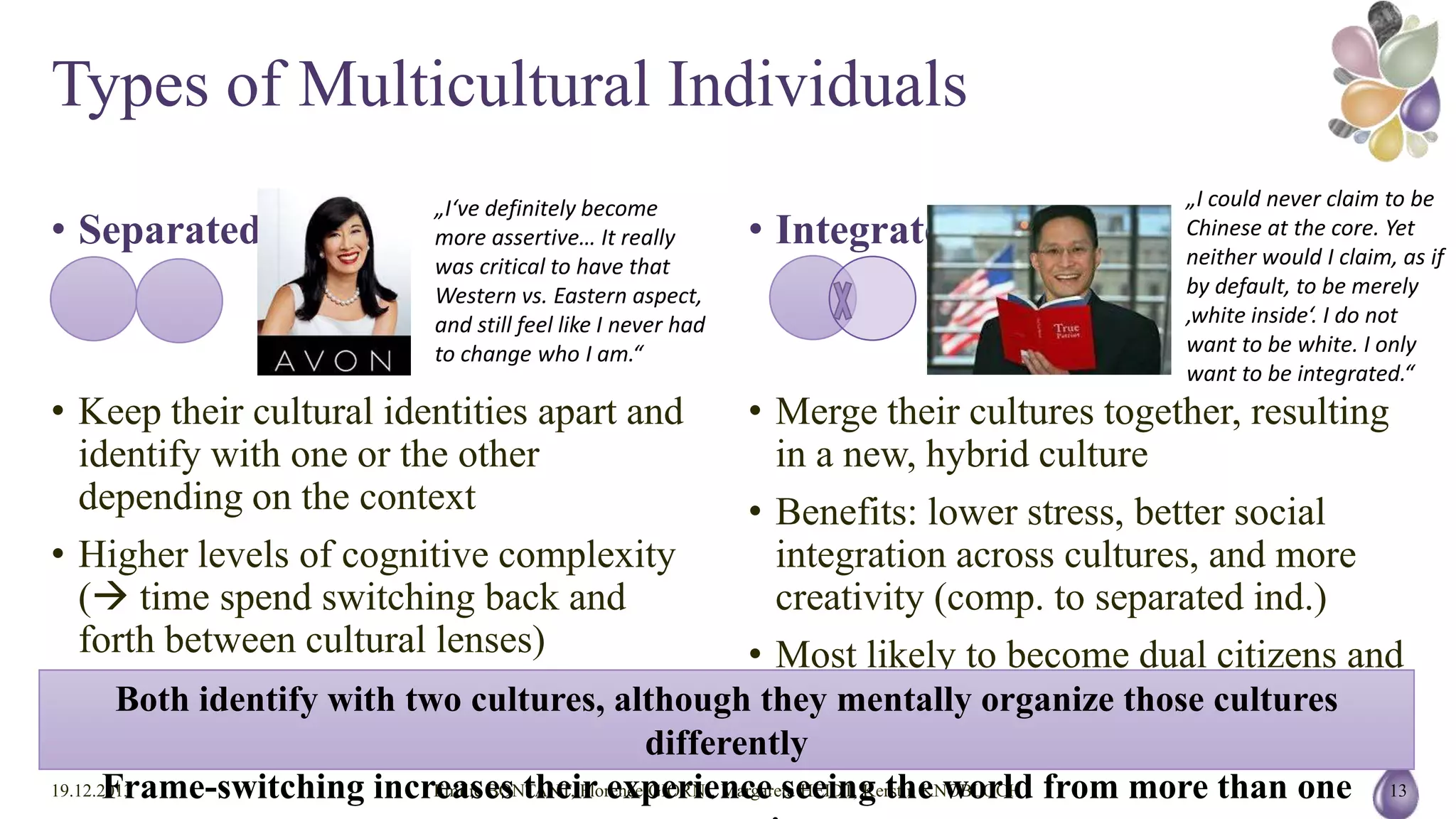 Types of Multicultural Individuals
• Separated

„I‘ve definitely become
more assertive… It really
was critical to have that
Western vs. Eastern aspect,
and still feel like I never had
to change who I am.“

• Keep their cultural identities apart and identify with one
or the other depending on the context
• Higher levels of cognitive complexity ( time spend
switching back and forth between cultural lenses)
• Most likely to take on either the hearts-at-home or gonenative positions

• Integrated

„I could never claim to be
Chinese at the core. Yet
neither would I claim, as if
by default, to be merely
‚white inside‘. I do not
want to be white. I only
want to be integrated.“

• Merge their cultures together, resulting in a new, hybrid
culture
• Benefits: lower stress, better social integration across
cultures, and more creativity (comp. to separated ind.)
• Most likely to become dual citizens and have bigger
creative potential

Both identify with two cultures, although they mentally organize those cultures differently
Frame-switching increases their experience seeing the world from more than one perspective
19.12.2013

Emilie BONTANT, Florence GIORNI, Margareta HEIDT, Kerstin KNOBLOCH

13

 