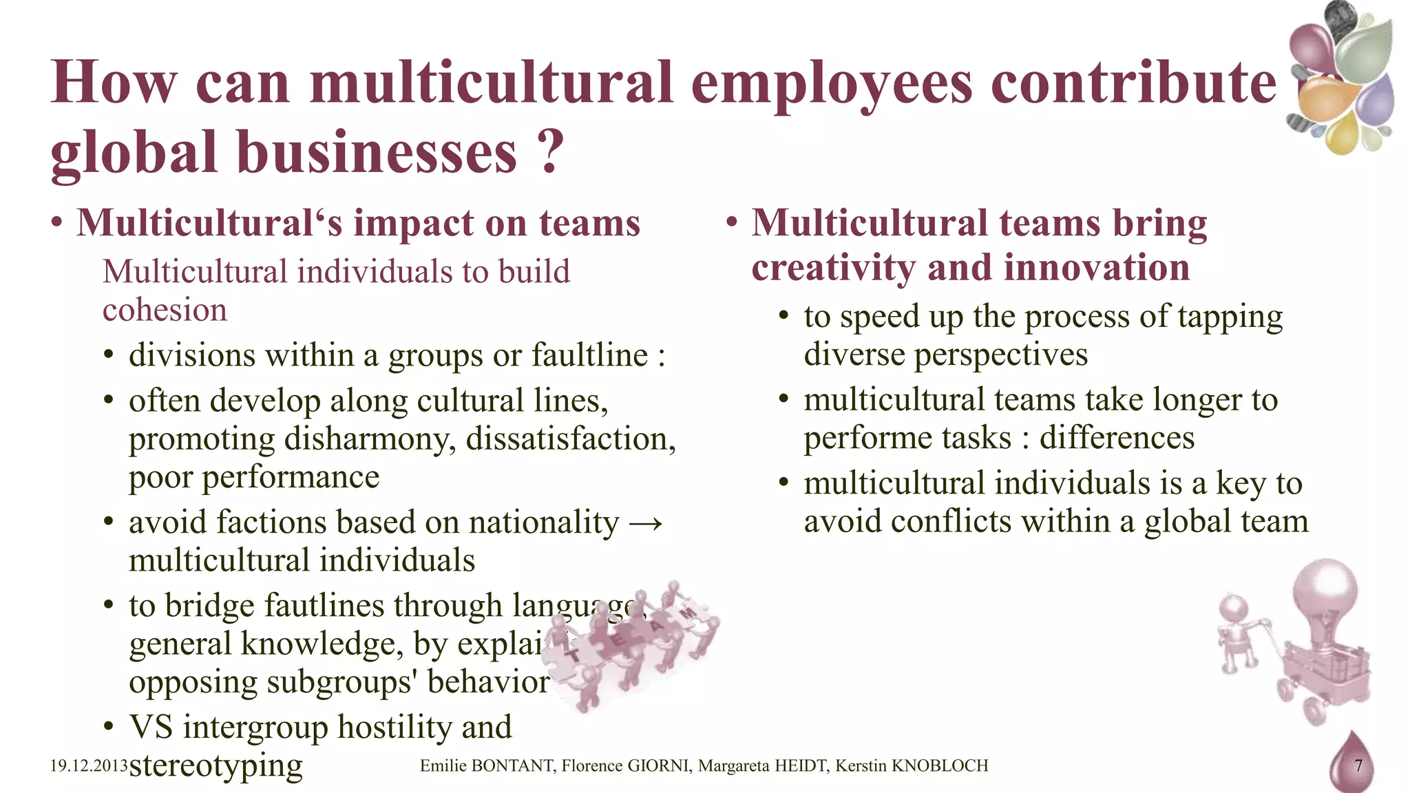 How can multicultural employees
contribute to global businesses ?
• Multicultural‘s impact on teams
Multicultural individuals to build cohesion
• divisions within a groups or faultline :
• often develop along cultural lines, promoting
disharmony, dissatisfaction, poor performance
• avoid factions based on nationality → multicultural
individuals
• to bridge fautlines through language, general
knowledge, by explaining the opposing subgroups'
behavior
• VS intergroup hostility and stereotyping
19.12.2013

• Multicultural teams bring creativity and
innovation
• to speed up the process of tapping diverse perspectives
• multicultural teams take longer to performe tasks :
differences
• multicultural individuals is a key to avoid conflicts
within a global team

Emilie BONTANT, Florence GIORNI, Margareta HEIDT, Kerstin KNOBLOCH

7

 