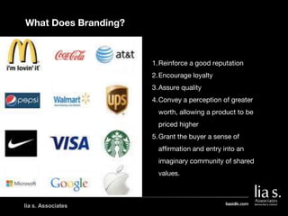 lia s. Associates
What Does Branding?
1.Reinforce a good reputation
2.Encourage loyalty
3.Assure quality
4.Convey a percep...