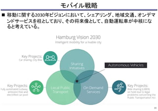 モバイル戦略
 移動に関する2030年ビジョンにおいて、シェアリング、地域交通、オンデマ
ンドサービスを柱としており、その将来像として、自動運転車が中核にな
ると考えている。
39
 