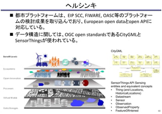 ヘルシンキ
 都市プラットフォームは、 EIP SCC, FIWARE, OASC等のプラットフォー
ムの検討成果を取り込んでおり、European open dataとopen APIに
対応している。
 データ構造に関しては、OGC open standardsであるCityGMLと
SensorThingsが使われている。
48
SensorThings API Sensing
entities and equivalent concepts
• Thing (and Locations,
HistoricalLocations)
• Datastream
• Sensor
• Observation
• ObservedProperty
• FeatureOfInterest
CityGML
 