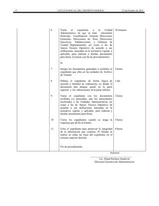 12 GACETA OFICIAL DEL DISTRITO FEDERAL 23 de Octubre de 2015
6 Turna el expediente a la Unidad
Administrativa de que se trate (Secretaría
Particular, Coordinación General, Direcciones
Generales, Direcciones de Área, Direcciones
Ejecutivas, Subdirecciones y Jefaturas de
Unidad Departamental), así como a las de
Apoyo Técnico Operativo de acuerdo a sus
atribuciones, marcadas en la normativa vigente y
aplicable, para elaborar y diseñar documentos
para firma. (Conecta con fin de procedimiento).
10 minutos
Si
7 Integra los documentos generados o recibidos al
expediente que obra en las unidades de Archivo
de Trámite.
2 horas
8 Ordena el expediente de forma lógica de
acuerdo a métodos de ordenación, en donde el
documento más antiguo quede en la parte
superior y los subsecuentes en la parte inferior.
1 día
9 Turna el expediente con los documentos
recibidos y/o generados, más los antecedentes
localizados a las Unidades Administrativas así
como a las de Apoyo Técnico Operativo de
acuerdo a sus atribuciones marcadas en la
normativa vigente y aplicable, para elaborar y
diseñar documentos para firma.
2 horas
10 Cierra los expedientes cuando se tenga la
respuesta que dé fin al trámite.
2 horas
11 Folia el expediente para preservar la integridad
de la información que contiene. El foliado se
realiza en todas las fojas del expediente en el
extremo superior derecho.
4 horas
Fin de procedimiento
Autorizó
________________________________
Lic. Diana Pacheco Sandoval
Directora Ejecutiva de Administración
 