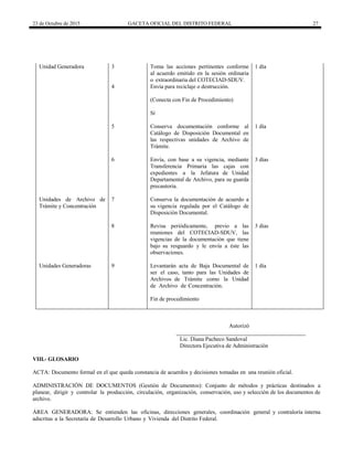 23 de Octubre de 2015 GACETA OFICIAL DEL DISTRITO FEDERAL 27
Unidad Generadora 3 Toma las acciones pertinentes conforme
al acuerdo emitido en la sesión ordinaria
o extraordinaria del COTECIAD-SDUV.
1 día
4 Envía para reciclaje o destrucción.
(Conecta con Fin de Procedimiento)
Sí
5 Conserva documentación conforme al
Catálogo de Disposición Documental en
las respectivas unidades de Archivo de
Trámite.
1 día
6 Envía, con base a su vigencia, mediante
Transferencia Primaria las cajas con
expedientes a la Jefatura de Unidad
Departamental de Archivo, para su guarda
precautoria.
3 días
Unidades de Archivo de
Trámite y Concentración
7 Conserva la documentación de acuerdo a
su vigencia regulada por el Catálogo de
Disposición Documental.
8 Revisa periódicamente, previo a las
reuniones del COTECIAD-SDUV, las
vigencias de la documentación que tiene
bajo su resguardo y le envía a éste las
observaciones.
3 días
Unidades Generadoras 9 Levantarán acta de Baja Documental de
ser el caso, tanto para las Unidades de
Archivos de Trámite como la Unidad
de Archivo de Concentración.
1 día
Fin de procedimiento
Autorizó
Lic. Diana Pacheco Sandoval
Directora Ejecutiva de Administración
VIII.- GLOSARIO
ACTA: Documento formal en el que queda constancia de acuerdos y decisiones tomadas en una reunión oficial.
ADMINISTRACIÓN DE DOCUMENTOS (Gestión de Documentos): Conjunto de métodos y prácticas destinados a
planear, dirigir y controlar la producción, circulación, organización, conservación, uso y selección de los documentos de
archivo.
ÁREA GENERADORA: Se entienden las oficinas, direcciones generales, coordinación general y contraloría interna
adscritas a la Secretaría de Desarrollo Urbano y Vivienda del Distrito Federal.
 