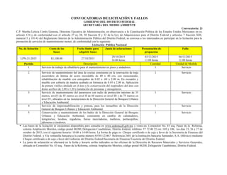 CONVOCATORIAS DE LICITACIÓN Y FALLOS
GOBIERNO DEL DISTRITO FEDERAL
SECRETARÍA DEL MEDIO AMBIENTE
Convocatoria: 21
C.P. Martha Leticia Cortés Genesta, Directora Ejecutiva de Administración, en observancia a la Constitución Política de los Estados Unidos Mexicanos en su
artículo 134 y de conformidad con el artículo 27 a), 28, 30 fracción II y 32 de la Ley de Adquisiciones para el Distrito Federal y artículos 7 fracción XIII,
numeral 5 y 101-G del Reglamento Interior de la Administración Pública del Distrito Federal, se convoca a los interesados en participar en la licitación para la
prestación de servicios de mantenimiento menor, de conformidad con lo siguiente:
Licitación Pública Nacional
No. de licitación Costo de las
bases
Fecha límite para
adquirir bases
Junta de aclaraciones Presentación de
propuestas
Fallo
LPN-21-2015 $1,100.00 27/10/2015
29/10/2015
16:00 horas
03/11/2015
11:00 horas
06/11/2015
11:00 horas
Partida Descripción Cantidad Unidad de Medida
1 Servicio de trabajo de albañilería para el mantenimiento en pisos y andadores. 1 Servicio
2 Servicio de mantenimiento del área de cocina consistente en la renovación de traja
escurridero de lámina de acero inoxidable de 40 x 40 cm, con monomando,
rehabilitación de mueble con entrepaños de 0.45 x .60 x 2.00 m. En escuadra y
mueble con cubierta de madera acabado en formaica de 0.45 x 2.00 m. Aplicación
de pintura vinílica ahulada en el área y la conservación del respiradero del área con
domo acrílico de 2.00 x 1.20 e instalación de persianas y mosquiteros.
1 Servicio
3 Servicio de mantenimiento del pararrayos con radio de protección máximo de 35
metros, nivel I de 45 metros en nivel II de 60 metros en nivel III y de 75 metros en
nivel IV, ubicados en las instalaciones de la Dirección General de Bosques Urbanos
y Educación Ambiental.
1 Servicio
4 Servicio de impermeabilización y pintura, para los inmuebles de la Dirección
General de Bosques Urbanos y Educación Ambiental.
1 Servicio
5 Conservación y mantenimiento de los baños de la Dirección General de Bosques
Urbanos y Educación Ambiental, consistente en cambio de calentadores,
mingitorios, lavabos, regaderas, llaves mezcladoras, toalleros, portacepillos,
jaboneras e inodoros.
1 Servicio
 Las bases de la licitación se encuentran disponibles para consulta en www.sedema.df.gob.mx y venta en: Comonfort No. 83 esq. Paseo de la Reforma,
colonia Ampliación Morelos, código postal 06200, Delegación Cuauhtémoc, Distrito Federal, teléfono: 57 72 40 22 ext. 105 y 106, los días 23, 26 y 27 de
octubre de 2015; con el siguiente horario: 10:00 a 14:00 horas. La forma de pago es: Cheque certificado o de caja a favor de la Secretaría de Finanzas del
Distrito Federal y Vía ventanilla bancaria a la cuenta número 65501123467 Referencia 2601 de la Institución bancaria Santander, S.A. (México) mediante
Cheque certificado o de caja a favor del Gobierno del Distrito Federal/Secretaría de Finanzas/Tesorería del Distrito Federal.
 La junta de aclaración se efectuará en la fecha y horario arriba indicados en las oficinas de la Dirección de Recursos Materiales y Servicios Generales,
ubicada en Comonfort No. 83 esq. Paseo de la Reforma, colonia Ampliación Morelos, código postal 06200, Delegación Cuauhtémoc, Distrito Federal.
 
