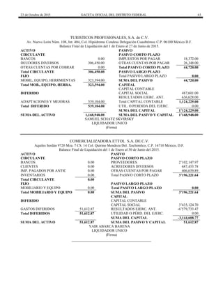 23 de Octubre de 2015 GACETA OFICIAL DEL DISTRITO FEDERAL 63
TURISTICOS PROFESIONALES, S.A. de C.V.
Av. Nuevo León Núm. 108, Int. 404, Col. Hipódromo Condesa Delegación Cuauhtémoc C.P. 06100 México D.F.
Balance Final de Liquidación del 1 de Enero al 27 de Junio de 2015.
ACTIVO PASIVO
CIRCULANTE PASIVO CORTO PLAZO
BANCOS 0.00 IMPUESTOS POR PAGAR 18,372.00
DEUDORES DIVERSOS 306,450.00 OTRAS CUENTAS POR PAGAR 26,348.00
OTRAS CUENTAS POR COBRAR 0.00 Total PASIVO CORTO PLAZO 44,720.00
Total CIRCULANTE 306,450.00 PASIVO LARGO PLAZO
FIJO Total PASIVO LARGO PLAZO 0.00
MOBIL, EQUIPO, HERRMIENTAS 323,394.00 SUMA DEL PASIVO 44,720.00
Total MOB., EQUIPO, HERRA. 323,394.00 CAPITAL
CAPITAL CONTABLE
DIFERIDO CAPITAL SOCIAL 487,601.00
RESULTADOS EJERC. ANT. 636,628.00
ADAPTACIONES Y MEJORAS 539,104.00 Total CAPITAL CONTABLE 1,124,229.00
Total DIFERIDO 539,104.00 UTIL. O PERDIDA DEL EJERC. 0.00
SUMA DEL CAPITAL 1’124,229.00
SUMA DEL ACTIVO 1,168,948.00 SUMA DEL PASIVO Y CAPITAL 1’168,948.00
SAMUEL SCHATZ SKVIRSKY
LIQUIDADOR UNICO
(Firma)
COMERCIALIZADORA ETTOL S.A. DE C.V.
Aquiles Serdán 9720 Mza. 7 CS. 14 Col. Quirino Mendoza Del. Xochimilco, C.P. 16710 México, D.F.
Balance Final de Liquidación del 1 de Enero al 30 de Junio del 2015.
ACTIVO PASIVO
CIRCULANTE PASIVO CORTO PLAZO
BANCOS 0.00 PROVEEDORES 2’102,147.97
CLIENTES 0.00 ACREEDORES DIVERSOS 687,433.78
IMP. PAGADOS POR ANTIC 0.00 OTRAS CUENTAS POR PAGAR 406,639.89
INVENTARIOS 0.00 Total PASIVO CORTO PLAZO 3’196,221.64
Total CIRCULANTE 0.00
FIJO PASIVO LARGO PLAZO
MOBILIARIO Y EQUIPO 0.00 Total PASIVO LARGO PLAZO 0.00
Total MOBILIARIO Y EQUIPO 0.00 SUMA DEL PASIVO 3’196,221.64
CAPITAL
DIFERIDO CAPITAL CONTABLE
CAPITAL SOCIAL 3’435,124.70
GASTOS DIFERIDOS 51,612.87 RESULTADOS EJERC. ANT. -6’579,733.47
Total DIFERIDOS 51,612.87 UTILIDAD O PÉRD. DEL EJERC. 0.00
SUMA DEL CAPITAL -3,144,608.77
SUMA DEL ACTIVO 51,612.87 SUMA DEL PASIVO Y CAPITAL 51,612.87
YAIR ABARCA BAHENA
LIQUIDADOR UNICO
(Firma)
 