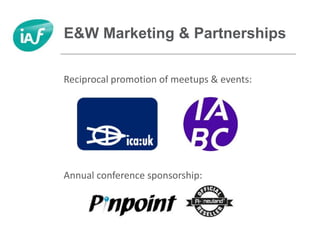 E&W Marketing & Partnerships
Reciprocal promotion of meetups & events:
Annual conference sponsorship:
 