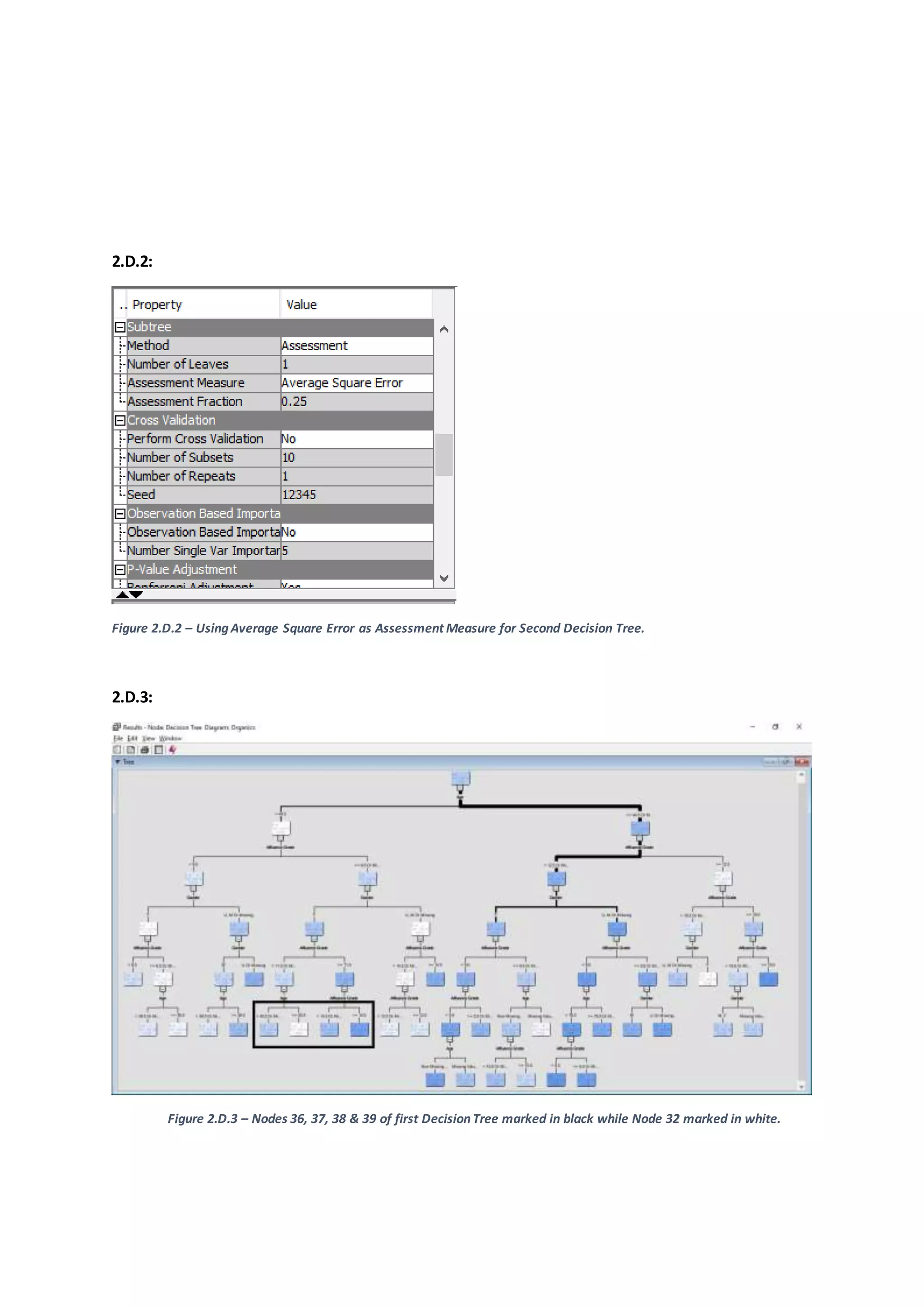 2.D.2:
Figure 2.D.2 – UsingAverage Square Error as Assessment Measure for Second Decision Tree.
2.D.3:
Figure 2.D.3 – Nodes 36, 37, 38 & 39 of first DecisionTree marked in black while Node 32 marked in white.
 