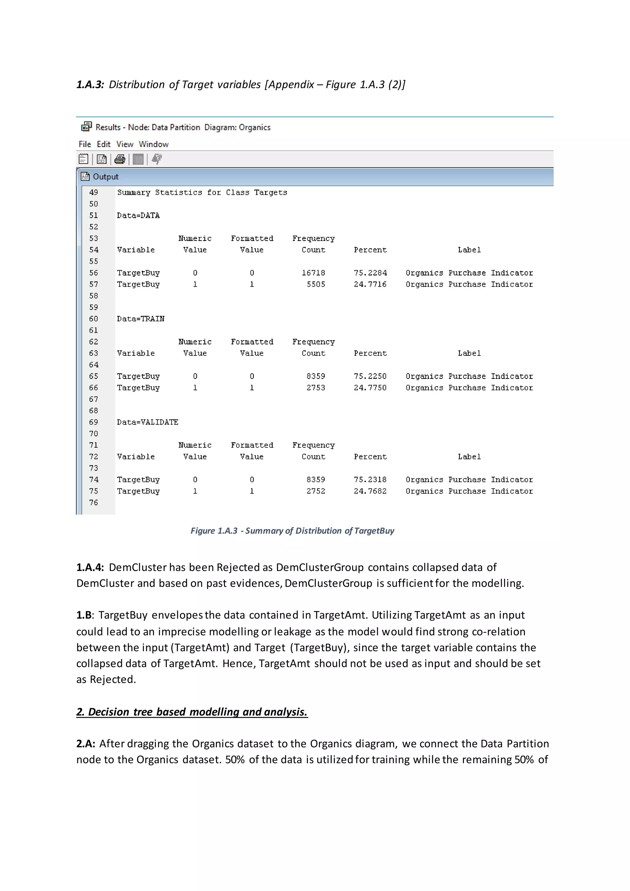 1.A.3: Distribution of Target variables [Appendix – Figure 1.A.3 (2)]
Figure 1.A.3 - Summary of Distribution of TargetBuy
1.A.4: DemCluster has been Rejected as DemClusterGroup contains collapsed data of
DemCluster and based on past evidences,DemClusterGroup is sufficientfor the modelling.
1.B: TargetBuy envelopesthe data contained in TargetAmt. Utilizing TargetAmt as an input
could lead to an imprecise modelling or leakage as the model would find strong co-relation
between the input (TargetAmt) and Target (TargetBuy), since the target variable contains the
collapsed data of TargetAmt. Hence, TargetAmt should not be used as input and should be set
as Rejected.
2. Decision tree based modelling and analysis.
2.A: After dragging the Organics dataset to the Organics diagram, we connect the Data Partition
node to the Organics dataset. 50% of the data is utilizedfor training while the remaining 50% of
 