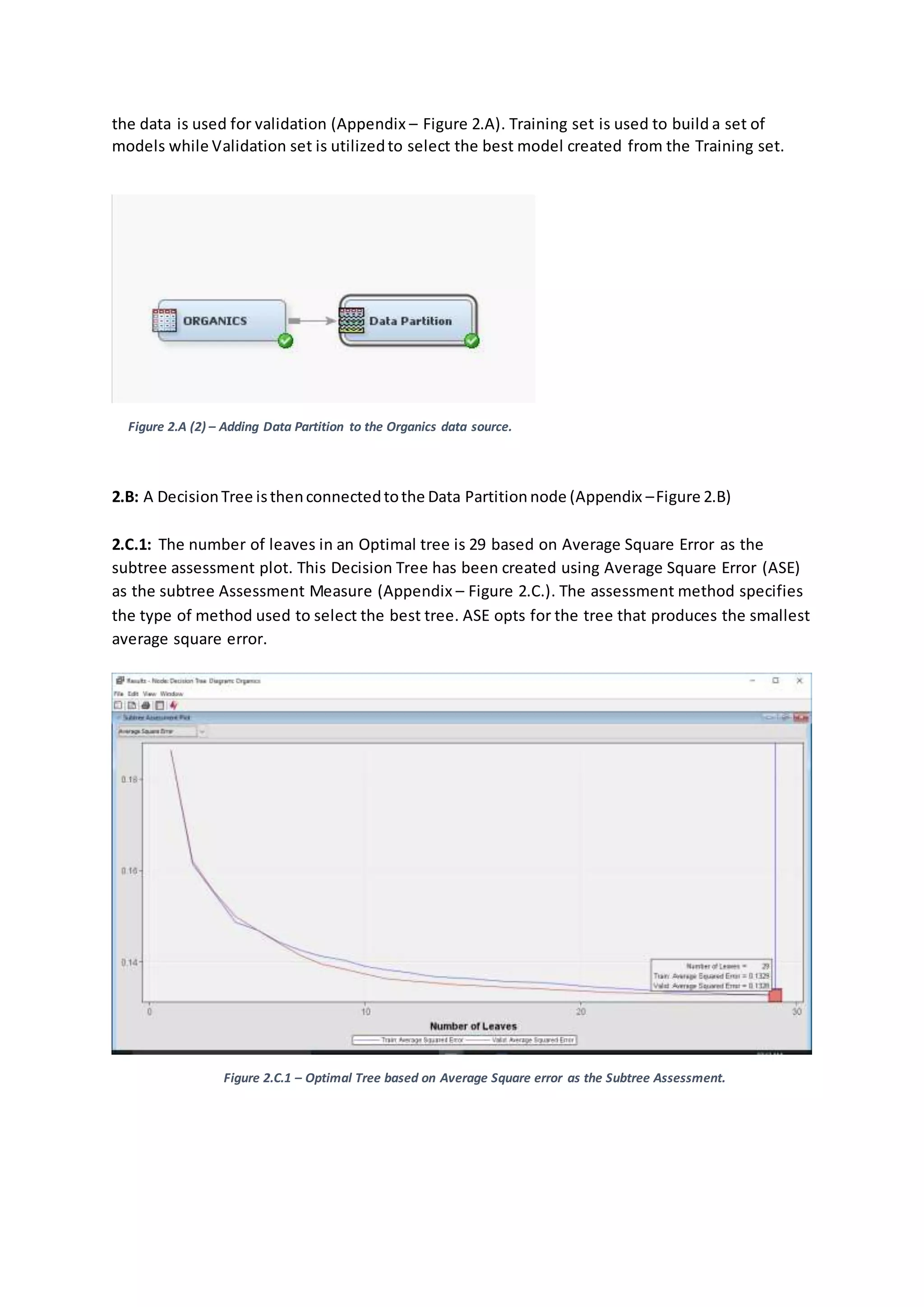 the data is used for validation (Appendix – Figure 2.A). Training set is used to build a set of
models while Validation set is utilizedto select the best model created from the Training set.
Figure 2.A (2) – Adding Data Partition to the Organics data source.
2.B: A DecisionTree isthenconnectedtothe Data Partition node (Appendix –Figure 2.B)
2.C.1: The number of leaves in an Optimal tree is 29 based on Average Square Error as the
subtree assessment plot. This Decision Tree has been created using Average Square Error (ASE)
as the subtree Assessment Measure (Appendix – Figure 2.C.). The assessment method specifies
the type of method used to select the best tree. ASE opts for the tree that produces the smallest
average square error.
Figure 2.C.1 – Optimal Tree based on Average Square error as the Subtree Assessment.
 