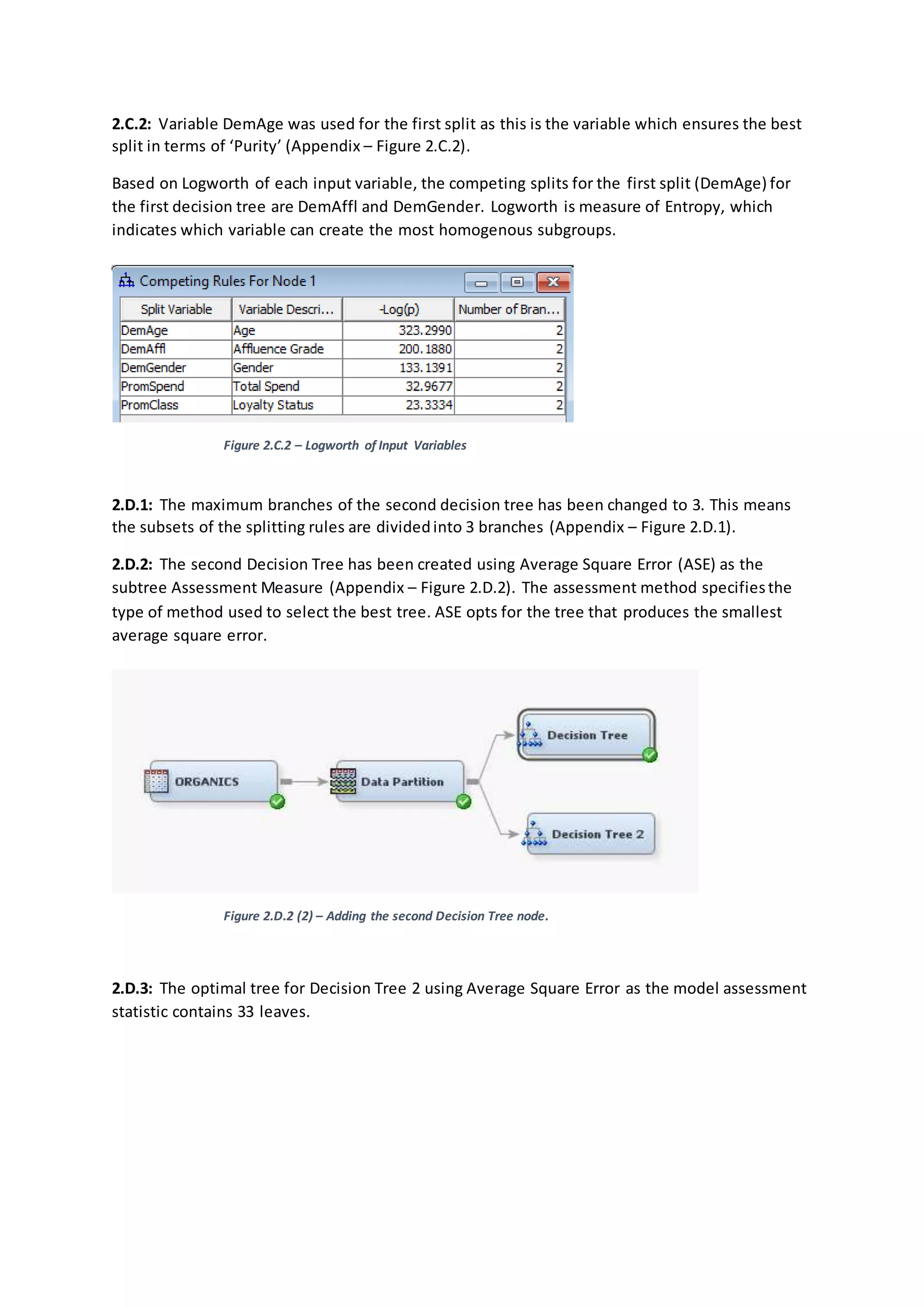 2.C.2: Variable DemAge was used for the first split as this is the variable which ensures the best
split in terms of ‘Purity’ (Appendix – Figure 2.C.2).
Based on Logworth of each input variable, the competing splits for the first split (DemAge) for
the first decision tree are DemAffl and DemGender. Logworth is measure of Entropy, which
indicates which variable can create the most homogenous subgroups.
Figure 2.C.2 – Logworth of Input Variables
2.D.1: The maximum branches of the second decision tree has been changed to 3. This means
the subsets of the splitting rules are dividedinto 3 branches (Appendix – Figure 2.D.1).
2.D.2: The second Decision Tree has been created using Average Square Error (ASE) as the
subtree Assessment Measure (Appendix – Figure 2.D.2). The assessment method specifiesthe
type of method used to select the best tree. ASE opts for the tree that produces the smallest
average square error.
Figure 2.D.2 (2) – Adding the second Decision Tree node.
2.D.3: The optimal tree for Decision Tree 2 using Average Square Error as the model assessment
statistic contains 33 leaves.
 