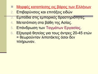 Μορφές καταπίεσης εις βάρος των Ελλήνων Επιβαρύνσεις και επιτάξεις ειδών Εμπόδια στις εμπορικές δραστηριότητες. Μετατόπιση στα βάθη της Ασίας. Επάνδρωση των  Ταγμάτων Εργασίας . Εξαγορά θητείας για τους άντρες 20-45 ετών = θεωρούνταν λιποτάκτες όσοι δεν πλήρωναν. 