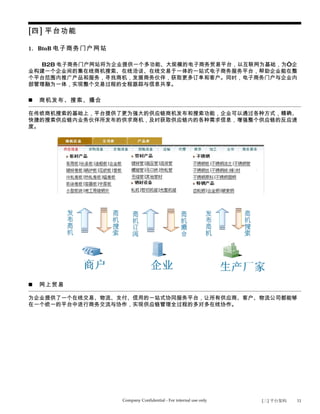 [四] 平台功能

1. BtoB 电子商务门户网站

  B2B 电子商务门户网站将为企业提供一个多功能、大规模的电子商务贸易平台，以互联网为基础，为“企
业构建一个企业间的集在线商机搜索、在线洽谈、在线交易于一体的一站式电子商务服务平台，帮助企业能在整
个平台范围内推广产品和服务，寻找商机，发展商务伙伴，获取更多订单和客户。同时，电子商务门户与企业内
部管理融为一体，实现整个交易过程的全程跟踪与信息共享。

   商机发布、搜索、撮合

在传统商机搜索的基础上，平台提供了更为强大的供应链商机发布和搜索功能，企业可以通过各种方式，精确、
快捷的搜索供应链内业务伙伴所发布的供求商机，及时获取供应链内的各种需求信息，增强整个供应链的反应速
度。




   网上贸易

为企业提供了一个在线交易、物流、支付、信用的一站式协同服务平台，让所有供应商、客户、物流公司都能够
在一个统一的平台中进行商务交流与协作，实现供应链管理全过程的多对多在线协作。




                   Company Confidential - For internal use only   [三] 平台架构   11
 