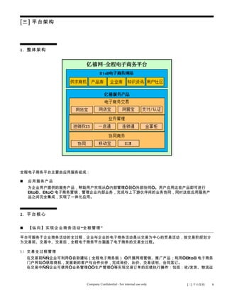 [三] 平台架构




1. 整体架构




全程电子商务平台主要由应用服务组成：

   应用服务产品
    为企业用户提供的服务产品，帮助用户实现从“内部管理”到“外部协同“。用户应用这些产品即可进行
    BtoB、BtoC 电子商务营销，管理企业内部业务，完成与上下游伙伴间的业务协同，同时这些应用服务产
    品之间完全集成，实现了一体化应用。



2. 平台核心


   【纵向】实现企业商务活动 “全程管理 ”

平台可服务于企业商务活动的全过程，企业与企业的电子商务活动是以交易为中心的贸易活动，按交易阶段划分
为交易前、交易中、交易后，全程电子商务平台涵盖了电子商务的交易全过程。

1） 交易全过程管理
    在交易前——企业可利用“自助建站（全程电子商务版） ”开展网络营销、推广产品；利用“BtoB 电子商务
    门户网站”获取商机，发展新的客户与合作伙伴，完成询价、比价、交易谈判、合同签订。
    在交易中——企业可使用“业务管理”“生产管理”等实现交易订单的后续执行操作：包括：收/发货、物流运



                    Company Confidential - For internal use only   [三] 平台架构   8
 