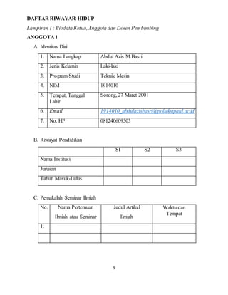 9
DAFTAR RIWAYAR HIDUP
Lampiran 1 : Biodata Ketua, Anggota dan Dosen Pembimbing
ANGGOTA1
A. Identitas Diri
1. Nama Lengkap Abdul Azis M.Basri
2. Jenis Kelamin Laki-laki
3. Program Studi Teknik Mesin
4. NIM 1914010
5. Tempat, Tanggal
Lahir
Sorong, 27 Maret 2001
6. Email 1914010_abdulazisbasri@poltekstpaul.ac.id
7. No. HP 081240609503
B. Riwayat Pendidikan
SI S2 S3
Nama Institusi
Jurusan
Tahun Masuk-Lulus
C. Pemakalah Seminar Ilmiah
No. Nama Pertemuan
Ilmiah atau Seminar
Judul Artikel
Ilmiah
Waktu dan
Tempat
1.
 