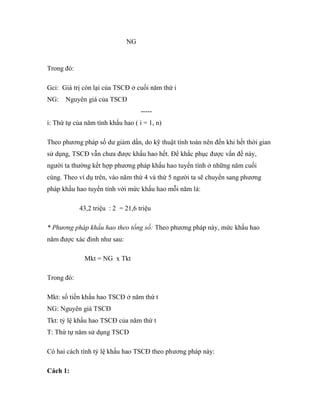 NG


Trong đó:

Gci: Giá trị còn lại của TSCĐ ở cuối năm thứ i
NG:   Nguyên giá của TSCĐ
                                   -----
i: Thứ tự của năm tính khấu hao ( i = 1, n)

Theo phương pháp số dư giảm dần, do kỹ thuật tính toán nên đến khi hết thời gian
sử dụng, TSCĐ vẫn chưa được khấu hao hết. Để khắc phục được vấn đề này,
người ta thường kết hợp phương pháp khấu hao tuyến tính ở những năm cuối
cùng. Theo ví dụ trên, vào năm thứ 4 và thứ 5 người ta sẽ chuyển sang phương
pháp khấu hao tuyến tính với mức khấu hao mỗi năm là:

            43,2 triệu : 2 = 21,6 triệu

* Phương pháp khấu hao theo tổng số: Theo phương pháp này, mức khấu hao
năm được xác đinh như sau:

              Mkt = NG x Tkt

Trong đó:

Mkt: số tiền khấu hao TSCĐ ở năm thứ t
NG: Nguyên giá TSCĐ
Tkt: tỷ lệ khấu hao TSCĐ của năm thứ t
T: Thứ tự năm sử dụng TSCĐ

Có hai cách tính tỷ lệ khấu hao TSCĐ theo phương pháp này:

Cách 1:
 
