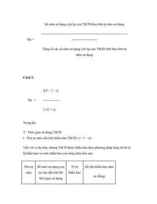 Số năm sử dụng còn lại của TSCĐ theo thứ tự năm sử dụng

              ------------------------------------------------------------------------------
  Tkt =                                  -----------------------

               Tổng số các số năm sử dụng còn lại của TSCĐ tính theo thứ tự
                                             năm sử dụng




Cách 2:


               2(T + 1 – t)

   Tkt =       ---------------

               T (T + 1)


Trong đó:

T : Thời gian sử dụng TSCĐ
t : Thứ tự năm cần tính khấu hao TSCĐ ( t = 1 – n)

Vẫn với ví dụ trên, nhưng TSCĐ được khấu hao theo phương pháp tổng số thì tỷ
lệ khấu hao và mức khấu hao của từng năm như sau:



Thứ tự      Số năm sử dụng còn           Tỷ lệ       Số tiền khấu hao năm
 năm        lại cho đến khi hết       khấu hao
                                                             (tr đồng)
             thời gian sử dụng
 
