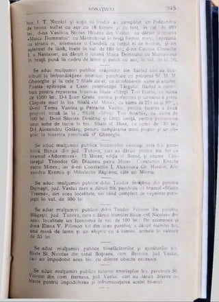 Ion. I- T Nicolai şi soţia sa Irodja avi cumpărat un Policandru
de bronz suflat cu aur cu 18 lumini şi cu lanţ, în val. de 460
lei; d-na Vasilica Stoian Hristea din Vaslui, au dăruit o icoană
«Maica Domnului" cu Mântuitorul în braţă format mare, împreună
c u strana ei, ademenea o Candelă cu lanţul ei de bacfon, şi un
aşternut de lâna, toate în val. de 180 lei; d-na Caţinca Costache
1. a Nastasiei, au dăruit o icoană Maica Domnului cu Mântuitorul
în braţă pusă în cadru de lemn şi poleit cu aur, în val. de lei 20.
Se aduc mulţumiri publice orăşenilor din Bârlad cari au con­
tribuit la îmbunătăţirea bisericei parohiale cu patronul Sf. Μ. M.
Gheorghe şi la cele 2 filiale ale ei, cu următoarele sume şi anume:
Foasta: epitropie a Casei proprietăţei Târgului Bârlad a contri­
buit pentru repararea bisericei filiale «Sfinţii Trei Erarhi, cu suma
de 1500 lei ; D-1 loan Gruia, pentru prefaccrea şi turnarea a patru
Clopote mici la bis. filială «Sf. Mina*, cu suma de 224 lei şi 80% ;
D-nii Tom a Vasiliu şi Petrache Vasiliu, pentru facerea a două
prapuri noua la bi . filială «Sfinţii Trei Ierarhi», cu suma de
100 le i’’;: D-nii Sterian Dimitriu şi Ghiţă Ioniţă, pentru procurarea
unei sobe de tuciu la bis. filială sf. Mina, cu suma de ' 35 lei;
D-1 Alexandru Golăeş, pentru cumpărarea unui prapur şi un sfe­
şnic la biserica parohială sf. Gheorghe.
Se aduc mulţumiri publice locuitorilor enoriaşi dela b’s. paro­
hială Banca din jud. Tutova, cari au dăruit pentru bis. lor cu
hramul «Adormirea», 12 Minee, ediţia sf. Sinod, şi anume: Cân­
tăreţul Theodor Gh. Diaconu patru Minee; Constantin Enache
patru M inee; iar d-nii Constantin I, Alexandru Gh. Hardon, Ale­
xandru Eremia şi Mihalache Râşcanu, câte un Mineiu.
Se aduc mulţumiri publice d-lui Teodor Strajăriu din parohia
Dumeşti, jud. Vaslui care a dăruit bis. parohiale cu hramul «Sfânta
Treime», din acea localitate, un rând complect de veşminte preo­
ţeşti în va), de 300 lei.
Se aduc mulţumiri publice d-lui Teodor Filimon din parohia
.Blăgeşti, jud. Tutova, care a dăruit bisericei filiale «Sf. Nicolae» din
acea localitate un Iconostas în val. de 100 lei; De asemenea şi
d-na Elena V. Filimon tot din acea parohie, a dăruit numitei bis.
una masă de lemn şi un sfeşn:c cu 4 lumini, ambele în valoare
de 55 lei.
Se aduc mulţumiri publice binefăcătorilor şi ajutătorilor bis.
filiale Sf. Nicolae din satul Boţoaea, com Bereasa. jud. Vaslui,
cari au împodobit acea bis. cu diferite obiecte necesare.
Se aduc mulţumiri publice tuturor enoriaşilor bis. parohiale Sf.
Voivozi din com. Bereasa, jud. Vaslui, cari au dăruit diferite o-
biecte pentru împodobirea şi înfrumuseţarea acelei biserici.
i t e v DON AŢ IU K l_____________________ 945-
 