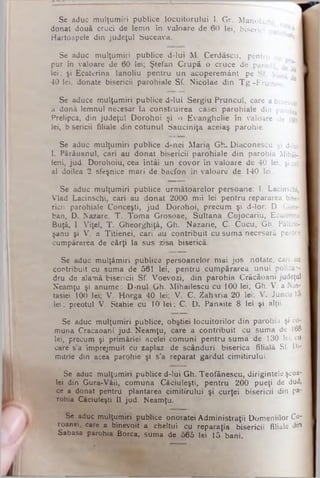 Se aduc mulţumiri publice locuitorului I. Gr. Manolachi
donat două cruci de lemn în valoare de 60 lei, biserici par,
Hârtoapele din judeţul Suceava. Ia*e 1
Se aduc mulţumiri publice d-lui M. Cerdâscu, pentru un n ]
pur în valoare de 60 lei; Ştefan Crupă o cruce de paradă λ
lei; şi Ecaterina lanoliu pentru un acoperemânt pe Sf. MaS:-
40 lei, donate bisericii parohiale Sf. Nicolae din T g -Frumos
Se aduce mulţumiri publice d-lui Sergiu Pruncul, care a binevoit·
a dona lemnul necesar la construirea casei parohiale din parohial
Prelipca, din judeţul Dorohoi şi o Evanghelie în valoare de 1801
iei, b sericii filiale din cotimul Sauciniţa aceiaş parohie.
Se aduc mulţumiri publice d-nei Maria Gh. Diaconescu şi d-lui
1. Părâuanul, cari au donat bisericii parohiale din parohia Mihăi-
leni, jud. Dorohoiu, cea întâi un covor în valoare de 40 lei, şi celI
al doilea 2 sfeşnice mari de bacfon în valoare de 140 lei.
Se aduc mulţumiri publice următoarelor persoane: 1. Lacinschi,
Vlad Lacinschi, cari au donat 2000 mii lei pentru repararea bise­
ricii parohiale Conceşti, jud Dorohoi, precum şi d-lor: D. Coro-I
ban, D. Nazare, T. Toma Grosoae, Sultana Cojocariu, Ecaterina
Buţă, I. Viţel, T. Gheorghiţă, Gh. Nazarie, C. Cucu, Gh. Păltini-
şanu şi V. a Titienei, cari au contribuit cu suma necesară pentru
cumpărarea de cărţi la sus zisa biserică.
Se aduc mulţămiri publice persoanelor mai jos notate, cari au
contribuit cu suma de 561 lei, pentru cumpărarea unui polican-l
dru de alamă bisericii Sf. Voevozi, din parohia Crăcăoani judeţul]
Neamţu şi anume: D-nul Gh. Mihailescu cu 100 lei; Gh. V. aNas-
tasiei 100 lei; V. Horga 40 lei; V. C. Zaharia 20 lei; V. Juncu 15
lei; preotul V. Stahie cu 10 lei; C. D. Panaite 8 lei şi alţii.
Se aduc mulţumiri publice, obştiei locuitorilor din parohia şi co­
muna Cracaoani jud. Neamţu, care a contribuit cu suma de 16S
lei, prccum şi primăriei acelei comuni pentru suma de 130 lei, cu.
care s’a împrejmuit cu zaplaz de scânduri biserica filială Sf. Di-
mitrie din acea parohie şi s’a reparat gardul cimitirului.
Se aduc mulţumiri publice d-lui Gh. Teofănescu, dirigintele şcoa­
lei din Gura-Văii, comuna Căciuleşti, pentru 200 pueţi de dud,
ce a donat pentru plantarea cimitirului şi curţei bisericii din pa­
rohia Căciuleşti 11 jud. Neamţu.
Se aduc mulţumiri publice onoratei Administraţii Domeniilor Co­
roanei, care a binevoit a cheltui cu reparaţia bisericii filiale di*'
Sabasa parohia Borca, suma de 5 6 5 lei 15 bani.
 