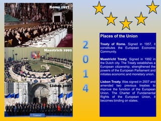 Places of the Union
Treaty of Rome. Signed in 1957, it
constitutes the European Economic
Community.
Maastricht Treaty. Sig...