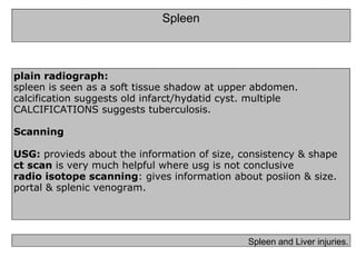Spleen Spleen and Liver injuries. plain radiograph:   spleen is seen as a soft tissue shadow at upper abdomen. calcification suggests old infarct/hydatid cyst. multiple CALCIFICATIONS suggests tuberculosis.   Scanning   USG:  provieds about the information of size, consistency & shape ct scan  is very much helpful where usg is not conclusive radio isotope scanning : gives information about posiion & size. portal & splenic venogram.   