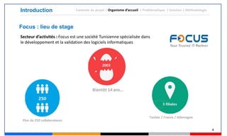 4
Introduction
Focus : lieu de stage
Secteur d’activités : Focus est une société Tunisienne spécialisée dans
le développement et la validation des logiciels informatiques
Contexte du projet | Organisme d’accueil | Problématique | Solution | Méthodologie
 