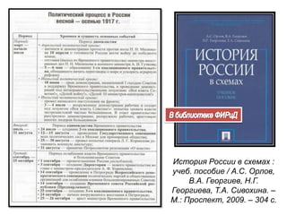 История России в схемах :
учеб. пособие / А.С. Орлов,
В.А. Георгиев, Н.Г.
Георгиева, Т.А. Сивохина. –
М.: Проспект, 2009. – 304 с.
 