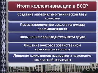 Итоги коллективизации в БССР 
Создание материально-технической базы 
колхозов 
Перераспределение средств на нужды 
промышленности 
Повышение производительности труда 
Лишение колхозов хозяйственной 
самостоятельности и 
Лишение колхозников паспортов и изменение 
социальной структуры 
 