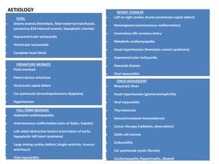 FETAL
 Severe anemia (hemolysis, fetal-maternal transfusion,
parvovirus B19-induced anemia, hypoplastic anemia)
 Supraventricular tachycardia
 Ventricular tachycardia
 Complete heart block
PREMATURE NEONATE
 Fluid overload
 Patent ductus arteriosus
 Ventricular septal defect
 Cor pulmonale (bronchopulmonary dysplasia)
 Hypertension
FULL-TERM NEONATE
 Asphyxial cardiomyopathy
 Arteriovenous malformation (vein of Galen, hepatic)
 Left-sided obstructive lesions (coarctation of aorta,
hypoplastic left heart syndrome)
 Large mixing cardiac defects (single ventricle, truncus
arteriosus)
 Viral myocarditis
INFANT-TODDLER
 Left-to-right cardiac shunts (ventricular septal defect)
 Hemangioma (arteriovenous malformation)
 Anomalous left coronary artery
 Metabolic cardiomyopathy
 Acute hypertension (hemolytic-uremic syndrome)
 Supraventricular tachycardia
 Kawasaki disease
 Viral myocarditis
CHILD-ADOLESCENT
 Rheumatic fever
 Acute hypertension (glomerulonephritis)
 Viral myocarditis
 Thyrotoxicosis
 Hemochromatosis-hemosiderosis
 Cancer therapy (radiation, doxorubicin)
 Sickle cell anemia
 Endocarditis
 Cor pulmonale (cystic fibrosis)
 Cardiomyopathy (hypertrophic, dilated)
AETIOLOGY
6
 