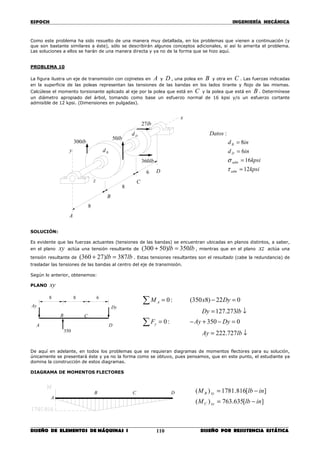 ESPOCH INGENIERÍA MECÁNICA
________________________________________________________________________________
DISEÑO DE ELEMENTOS DE MÁQUINAS I DISEÑO POR RESISTENCIA ESTÁTICA110
Como este problema ha sido resuelto de una manera muy detallada, en los problemas que vienen a continuación (y
que son bastante similares a éste), sólo se describirán algunos conceptos adicionales, si así lo amerita el problema.
Las soluciones a ellos se harán de una manera directa y ya no de la forma que se hizo aquí.
PROBLEMA 10
La figura ilustra un eje de transmisión con cojinetes en A y D , una polea en B y otra en C . Las fuerzas indicadas
en la superficie de las poleas representan las tensiones de las bandas en los lados tirante y flojo de las mismas.
Calcúlese el momento torsionante aplicado al eje por la polea que está en C y la polea que está en B . Determínese
un diámetro apropiado del árbol, tomando como base un esfuerzo normal de 16 kpsi y/o un esfuerzo cortante
admisible de 12 kpsi. (Dimensiones en pulgadas).
SOLUCIÓN:
Es evidente que las fuerzas actuantes (tensiones de las bandas) se encuentran ubicadas en planos distintos, a saber,
en el plano xy actúa una tensión resultante de lblb 350)50300( =+ , mientras que en el plano xz actúa una
tensión resultante de lblb 387)27360( =+ . Estas tensiones resultantes son el resultado (cabe la redundancia) de
trasladar las tensiones de las bandas al centro del eje de transmisión.
Según lo anterior, obtenemos:
PLANO xy
De aquí en adelante, en todos los problemas que se requieran diagramas de momentos flectores para su solución,
únicamente se presentará éste y ya no la forma como se obtuvo, pues pensamos, que en este punto, el estudiante ya
domina la construcción de estos diagramas.
DIAGRAMA DE MOMENTOS FLECTORES
kpsi
kpsi
ind
ind
Datos
adm
adm
D
B
12
16
6
8
:
=
=
=
=
τ
σ
6
8
8
z
Dd
Bd
lb27
lb50
lb300
D
C
A
B
lb360
x
y
6
350
DyAy
88
↓=
=−+−=
↓=
=−=
∑
∑
lbAy
DyAyF
lbDy
DyxM
y
A
727.222
0350:0
273.127
022)8350(:0
A
B C
D
CB
][635.763)(
][816.1781)(
inlbM
inlbM
xyC
xyB
−=
−=
A
D
 
