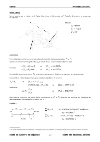ESPOCH INGENIERÍA MECÁNICA
________________________________________________________________________________
DISEÑO DE ELEMENTOS DE MÁQUINAS I DISEÑO POR RESISTENCIA ESTÁTICA112
PROBLEMA 11
Para el sistema que se muestra en la figura, determínese el diámetro del eje*. Todas las dimensiones se encuentran
en pulgadas.
SOLUCIÓN:
Primero calcularemos las componentes rectangulares de las dos cargas aplicadas, 1F y 2F .
Puesto que conocemos la magnitud de 1F , el cálculo de sus componentes resulta muy fácil.
Tenemos:
lbFsenFF
lbFFF
zz
yy
212.205)(.)(
816.563)(cos.)(
111
111
=⇒=
=⇒=
θ
θ
Para calcular las componentes de 2F tomamos en cuenta que en el sistema se transmite la misma potencia.
Recordando el análisis de potencia que se realizó en el problema 9, tenemos:
lbFFx
rFrFTT
zz
CzAyCA
157.1353)()5()()12816.563(
.)(.)(
22
21
=⇒=
=→=
Finalmente:
lbF
F
F
y
z
y
509.492)(
)(
)(
tan 2
2
2
=⇒=θ
Ahora que ya conocemos los valores de las componentes de 1F y 2F , tenemos que encontrar los valores de las
reacciones en los cojinetes según los planos xy y xz .
PLANO xy
________
* De aquí en adelante sería conveniente que el estudiante consiga los problemas que han sido tomados como exámenes e intente resolverlos.
º20
71
600
:
1
=
=
=
θ
kpsiS
lbF
Datos
y
↓=
=−++−=
↑=
=−+=
∑
∑
lbOy
ByOyF
lbBy
ByM
y
O
393.3187
0509.492816.563:0
086.316
0)46(509.492)36()20(816.563:01016
C
BA
509.492
By816.563
Oy
O
20
 