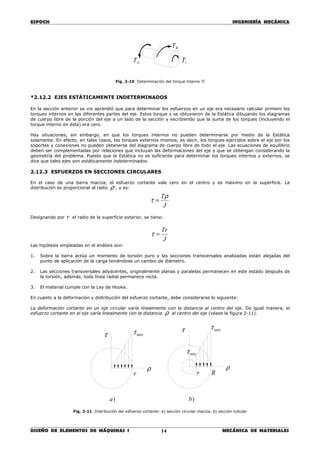 ESPOCH INGENIERÍA MECÁNICA
________________________________________________________________________________
DISEÑO DE ELEMENTOS DE MÁQUINAS I MECÁNICA DE MATERIALES14
Fig. 2-10 Determinación del torque interno Ti
*2.12.2 EJES ESTÁTICAMENTE INDETERMINADOS
En la sección anterior se vio aprendió que para determinar los esfuerzos en un eje era necesario calcular primero los
torques internos en las diferentes partes del eje. Estos torque s se obtuvieron de la Estática dibujando los diagramas
de cuerpo libre de la porción del eje a un lado de la sección y escribiendo que la suma de los torques (incluyendo el
torque interno en ésta) era cero.
Hay situaciones, sin embargo, en que los torques internos no pueden determinarse por medio de la Estática
solamente. En efecto, en tales casos, los torques externos mismos, es decir, los torques ejercidos sobre el eje por los
soportes y conexiones no pueden obtenerse del diagrama de cuerpo libre de todo el eje. Las ecuaciones de equilibrio
deben ser complementadas por relaciones que incluyan las deformaciones del eje y que se obtengan considerando la
geometría del problema. Puesto que la Estática no es suficiente para determinar los torques internos y externos, se
dice que tales ejes son estáticamente indeterminados.
2.12.3 ESFUERZOS EN SECCIONES CIRCULARES
En el caso de una barra maciza, el esfuerzo cortante vale cero en el centro y es máximo en la superficie. La
distribución es proporcional al radio ρ , y es:
J
Tρ
τ =
Designando por r el radio de la superficie exterior, se tiene:
J
Tr
=τ
Las hipótesis empleadas en el análisis son:
1. Sobre la barra actúa un momento de torsión puro y las secciones transversales analizadas están alejadas del
punto de aplicación de la carga teniéndose un cambio de diámetro.
2. Las secciones transversales adyacentes, originalmente planas y paralelas permanecen en este estado después de
la torsión; además, toda línea radial permanece recta.
3. El material cumple con la Ley de Hooke.
En cuanto a la deformación y distribución del esfuerzo cortante, debe considerarse lo siguiente:
La deformación cortante en un eje circular varía linealmente con la distancia al centro del eje. De igual manera, el
esfuerzo cortante en el eje varía linealmente con la distancia ρ al centro del eje (véase la figura 2-11).
Fig. 2-11 Distribución del esfuerzo cortante: a) sección circular maciza, b) sección tubular
iT
BT
AT
)b
r
τ
ρ
máxτ
Rr
máxτ
ρ
τ
mínτ
)a
 