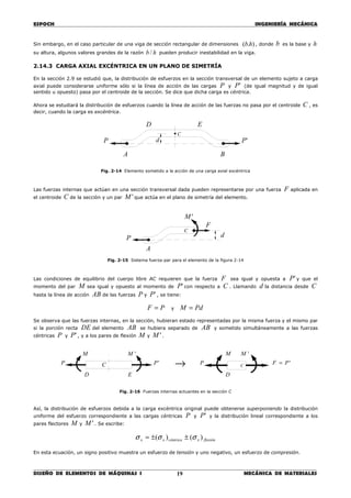 ESPOCH INGENIERÍA MECÁNICA
________________________________________________________________________________
DISEÑO DE ELEMENTOS DE MÁQUINAS I MECÁNICA DE MATERIALES19
Sin embargo, en el caso particular de una viga de sección rectangular de dimensiones ).( hb , donde b es la base y h
su altura, algunos valores grandes de la razón hb / pueden producir inestabilidad en la viga.
2.14.3 CARGA AXIAL EXCÉNTRICA EN UN PLANO DE SIMETRÍA
En la sección 2.9 se estudió que, la distribución de esfuerzos en la sección transversal de un elemento sujeto a carga
axial puede considerarse uniforme sólo si la línea de acción de las cargas P y 'P (de igual magnitud y de igual
sentido u opuesto) pasa por el centroide de la sección. Se dice que dicha carga es céntrica.
Ahora se estudiará la distribución de esfuerzos cuando la línea de acción de las fuerzas no pasa por el centroide C , es
decir, cuando la carga es excéntrica.
Fig. 2-14 Elemento sometido a la acción de una carga axial excéntrica
Las fuerzas internas que actúan en una sección transversal dada pueden representarse por una fuerza F aplicada en
el centroide C de la sección y un par 'M que actúa en el plano de simetría del elemento.
Fig. 2-15 Sistema fuerza-par para el elemento de la figura 2-14
Las condiciones de equilibrio del cuerpo libre AC requieren que la fuerza F sea igual y opuesta a 'P y que el
momento del par M sea igual y opuesto al momento de 'P con respecto a C . Llamando d la distancia desde C
hasta la línea de acción AB de las fuerzas P y 'P , se tiene:
PF = y PdM =
Se observa que las fuerzas internas, en la sección, hubieran estado representadas por la misma fuerza y el mismo par
si la porción recta DE del elemento AB se hubiera separado de AB y sometido simultáneamente a las fuerzas
céntricas P y 'P , y a los pares de flexión M y 'M .
Fig. 2-16 Fuerzas internas actuantes en la sección C
Así, la distribución de esfuerzos debida a la carga excéntrica original puede obtenerse superponiendo la distribución
uniforme del esfuerzo correspondiente a las cargas céntricas P y 'P y la distribución lineal correspondiente a los
pares flectores M y 'M . Se escribe:
flexiónxcéntricaxx )()( σσσ ±±=
En esta ecuación, un signo positivo muestra un esfuerzo de tensión y uno negativo, un esfuerzo de compresión.
ED
d
C
BA
'PP
ED
'MM
'PCP
'M
C
P 'PF =
M
D
→
C
d
A
'M
F
P
 