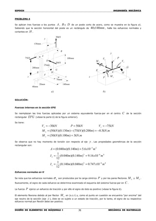 ESPOCH INGENIERÍA MECÁNICA
________________________________________________________________________________
DISEÑO DE ELEMENTOS DE MÁQUINAS I MECÁNICA DE MATERIALES31
PROBLEMA 4
Se aplican tres fuerzas a los puntos A , B y D de un poste corto de acero, como se muestra en la figura a).
Sabiendo que la sección horizontal del poste es un rectángulo de mmx14040 , halle los esfuerzos normales y
cortantes en H .
SOLUCIÓN:
Fuerzas internas en la sección EFG
Se reemplazan las tres fuerzas aplicadas por un sistema equivalente fuerza-par en el centro C de la sección
rectangular EFG (véase la parte b) de la figura anterior).
Se tiene:
mkNmkNM
mkNmkNmkNM
kNVkNPkNV
z
x
zx
.3)100.0)(30(
.5.8)200.0)(75()130.0)(50(
755030
==
−=−=
−==−=
Se observa que no hay momento de torsión con respecto al eje y . Las propiedades geométricas de la sección
rectangular son:
463
463
23
10747.0)040.0)(140.0(
12
1
1016.9)140.0)(040.0(
12
1
106.5)140.0)(040.0(
mxmmI
mxmmI
mxmmA
z
x
−
−
−
==
==
==
Esfuerzos normales en H
Se nota que los esfuerzos normales yσ son producidos por la carga céntrica P y por los pares flectores xM y zM .
Nuevamente, el signo de cada esfuerzo se determina examinado el esquema del sistema fuerza-par en C .
La fuerza P ejerce un esfuerzo de tracción y por ello el signo de éste es positivo (véase la figura b).
El elemento flexiona debido al par flector zM en (s.c.r) y, como el punto en cuestión se encuentra “por encima” del
eje neutro de la sección (eje z ), éste se ve sujeto a un estado de tracción, por lo tanto, el signo de su respectivo
esfuerzo normal por flexión debe ser positivo.
)a
G
H
B
A
kN75
mm20
mm70
mm140
mm25
kN30
mm100
x
y
z
mm130
mm200
mm40
kN50
D
E
F
C
zV
xV
xM
zM
G
x
y
z
E
F
H
P
)b
 