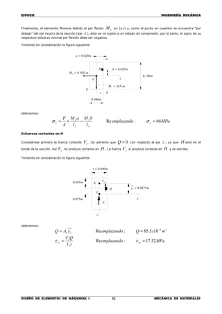 ESPOCH INGENIERÍA MECÁNICA
________________________________________________________________________________
DISEÑO DE ELEMENTOS DE MÁQUINAS I MECÁNICA DE MATERIALES32
Finalmente, el elemento flexiona debido al par flector xM en (s.r) y, como el punto en cuestión se encuentra “por
debajo” del eje neutro de la sección (eje x ), éste se ve sujeto a un estado de compresión, por lo tanto, el signo de su
respectivo esfuerzo normal por flexión debe ser negativo.
Tomando en consideración la figura siguiente:
obtenemos:
MPaemplazando
I
bM
I
aM
A
P
y
x
x
z
z
y 66:Re =−+= σσ
Esfuerzos cortantes en H
Considérese primero la fuerza cortante xV . Se advierte que 0=Q con respecto al eje z , ya que H está en el
borde de la sección. Así xV no produce cortante en H . La fuerza zV sí produce cortante en H y se escribe:
Tomando en consideración la figura siguiente:
obtenemos:
MPaemplazando
tI
QV
mxQemplazandoyAQ
yz
x
z
yz 52.17:Re
105.85:Re 36
11
==
== −
ττ
G
H
C
Fz
m040.0
m140.0
x
mkNMx .5.8=
ma 020.0=
mb 025.0=
mkNMz .3=
E
x
my 0475.01 =
yzτ
zV
C
H
1A
m025.0
m045.0
mt 040.0=
z
 