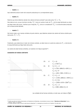 ESPOCH INGENIERÍA MECÁNICA
________________________________________________________________________________
DISEÑO DE ELEMENTOS DE MÁQUINAS I MECÁNICA DE MATERIALES35
o PUNTO A :
Aquí solamente actúa el valor de la reacción producida por su correspondiente apoyo.
o PUNTO B :
Notemos que ahora debemos calcular dos valores de fuerza cortante* para este punto, 'BV y BV .
Esto debe ser así, ya que el primero de ellos, 'BV , toma en cuenta el valor de AV y de la carga distribuida (su área)
que llega hasta este punto, mientras que el segundo, BV , toma en consideración 'BV y la discontinuidad producida
por la carga puntual aplicada.
o PUNTO C :
Del mismo modo y por razones similares al punto anterior, aquí debemos calcular dos valores de fuerza cortante para
este punto, 'CV y CV .
o PUNTO D :
Finalmente, para determinar el valor de la fuerza cortante, se debe tomar en cuenta los valores de CV y del área de
la carga distribuida que llega hasta este punto.
Los valores de estas fuerzas cortantes, se muestran en la figura siguiente**.
DIAGRAMA DE FUERZA CORTANTE
Las unidades de las fuerzas cortantes, en este caso, son todas en ][kg .
____________________
* Puesto que estos son temas relacionados con Resistencia de Materiales, recomendamos revisar el texto: “Mecánica de Materiales” de los
autores F. Beer y R. Johnston.
** ¿Pueden aparecer líneas curvas en estos tipos de diagramas? La respuesta se encuentra en el Capítulo 2 de este texto.
0)5.1800(1200
:
)(120041502950
'
)(2950)1800(2150'
':
)(21501500650
'
)(650)3800(1750'
':
)(1750
:
=−=
−=
+↑=+−=
+=
−↓=−−=
−=
−↓=−−=
−=
−↓=−=
−=
+↑=
=
xV
AVVDEn
V
CyVV
xV
AVVCEn
V
PVV
xV
AVVBEn
V
AyVAEn
D
CD
C
CC
C
BC
B
BB
B
AB
A
A
 