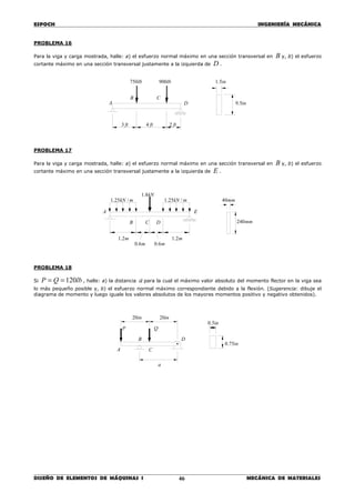 ESPOCH INGENIERÍA MECÁNICA
________________________________________________________________________________
DISEÑO DE ELEMENTOS DE MÁQUINAS I MECÁNICA DE MATERIALES46
PROBLEMA 16
Para la viga y carga mostrada, halle: a) el esfuerzo normal máximo en una sección transversal en B y, b) el esfuerzo
cortante máximo en una sección transversal justamente a la izquierda de D .
PROBLEMA 17
Para la viga y carga mostrada, halle: a) el esfuerzo normal máximo en una sección transversal en B y, b) el esfuerzo
cortante máximo en una sección transversal justamente a la izquierda de E .
PROBLEMA 18
Si lbQP 120== , halle: a) la distancia a para la cual el máximo valor absoluto del momento flector en la viga sea
lo más pequeño posible y, b) el esfuerzo normal máximo correspondiente debido a la flexión. (Sugerencia: dibuje el
diagrama de momento y luego iguale los valores absolutos de los mayores momentos positivo y negativo obtenidos).
in5.9
in5.1
D
B
A
ft2ft4
lb900lb750
ft3
C
mm40
mm240
m6.0
m2.1
E
B
kN8.1
mkN /25.1
A
mkN /25.1
C D
m2.1
m6.0
a
in75.0
in5.0
D
C
QP
in20
A
in20
B
 