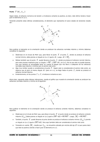 ESPOCH INGENIERÍA MECÁNICA
________________________________________________________________________________
DISEÑO DE ELEMENTOS DE MÁQUINAS I ANÁLISIS DEL ESFUERZO66
Punto 'Y ),( ''' yxy τσ
Según éstas, el esfuerzo normal es de tensión y el esfuerzo cortante es positivo, es decir, éste último tiende a hacer
girar el elemento en (s.r).
Teniendo presente estas últimas consideraciones, el elemento que representa el nuevo estado de tensiones resulta
ser:
Para graficar el elemento en la orientación donde se producen los esfuerzos normales máximo y mínimo debemos
considerar lo siguiente:
♦ Obsérvese en el círculo de Mohr que, para llevar el punto X al punto I , donde se produce el esfuerzo
normal mínimo, debe girarse un ángulo en (s.c.r) igual a α . Luego, pθα 2= .
♦ Nótese también que el punto X puede llevarse al punto J , donde se produce el esfuerzo normal máximo,
pero este proceso implicaría girar un ángulo º90> , ( α−º180 ), en (s.r). No es que esto no pueda hacerse,
sino que siempre es aconsejable tener en cuenta el ángulo que nos lleve a cualquiera de los esfuerzos
normales (sea máximo o mínimo) por el camino más corto.
♦ Algo muy similar sucede si consideramos el punto Y . Según este (y considerando el camino más corto), se
observa que al girar el mismo ángulo α (pero en s.r), se llega hasta el punto J , donde se produce el
esfuerzo normal máximo.
♦ Evidentemente, en los puntos I y J , el esfuerzo cortante es cero.
Ahora bien, siguiendo estas últimas indicaciones, resulta el gráfico que muestra la orientación donde se producen los
esfuerzos normales máximo y mínimo es el siguiente:
Para graficar el elemento en la orientación donde se produce el esfuerzo cortante máximo, debemos considerar lo
siguiente:
♦ Obsérvese en el círculo de Mohr que, para llevar el punto X al punto donde se produce el esfuerzo cortante
máximo )( máxτ debe girarse un ángulo en (s.r) igual a º945.60)º90( =−α . Luego, º945.602 =cθ .
♦ También, el punto X puede llevarse al punto donde se produce el esfuerzo cortante mínimo )( mínτ girando
un ángulo en (s.c.r) igual a )º90( α+ . Pero aquí también debe ser considerado el camino más corto.
♦ Tomando en cuenta cθ2 , resulta que máxτ se encuentra ubicado por encima del eje σ lo que quiere decir
que éste es positivo (tiende a hacer girar el elemento en s.r).
x
y
θ
'xσ
'yσ
''yxτ
x
y
pθ
mínσ
máxσ
 